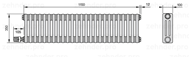 Схема (чертеж) Радиатор Zehnder Charleston 3035/25 №V003 Белый глянцевый RAL 9016